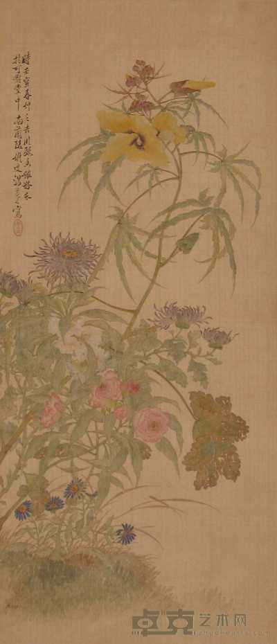 汤世澍 壬寅（1902年）作 花卉 立轴 92×39cm